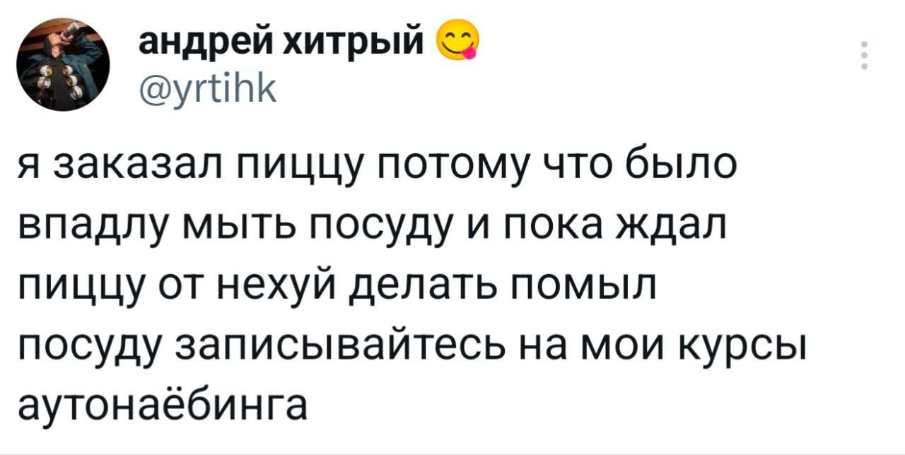 андрей хитрый я заказал пиццу потому что было впадлу мыть посуду и пока ждал пиццу от нехуй делать помыл посуду записывайтесь на мои курсы аутонаёбинга