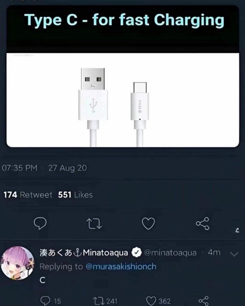 Туре С for fast Charging 174 Retweet 551 Like: inatoaqua lying murasakishionch С 36: