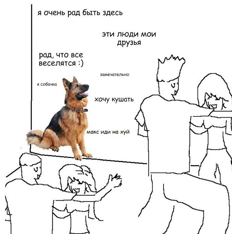 я очень рад быть здесь эти люди мои друзья рад, что все веселятся замечательно я собачка хочу кушать макс иди на хуй