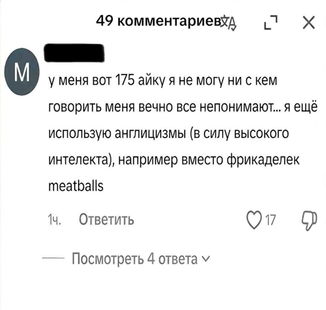 49 комментариевхд у меня вот 175 айку я не могу ни с кем говорить меня вечно все непонимают... я ещё использую англицизмы (в силу высокого интелекта), например вместо фрикаделек meatballs Ответить Пос