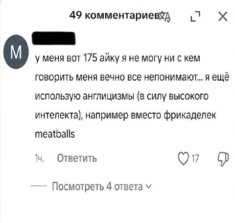 49 комментариевхд у меня вот 175 айку я не могу ни с кем говорить меня вечно все непонимают... я ещё использую англицизмы (в силу высокого интелекта), например вместо фрикаделек meatballs Ответить Пос