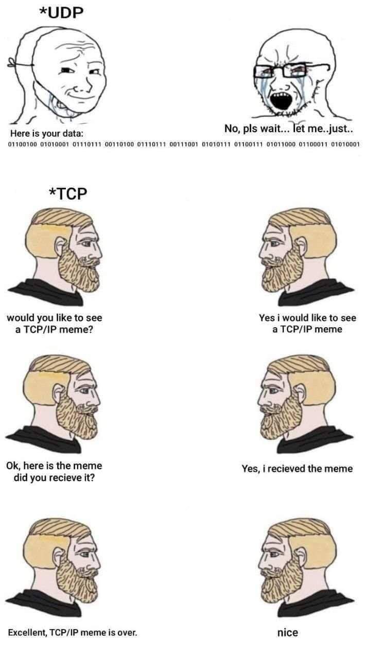 *UDP у 4 No, pls wait... lét me..just.. 01100100 01010001 01110711 00110190 01110711 00111001 01010111 01100111 01011000 01100011 01070001 *ТСР would you like to see Yes i would like to see a TCP/IP m