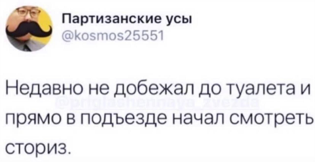 Партизанские усы @kosmos25551 Недавно не добежал до туалета и прямо в подъезде начал смотреть сториз.