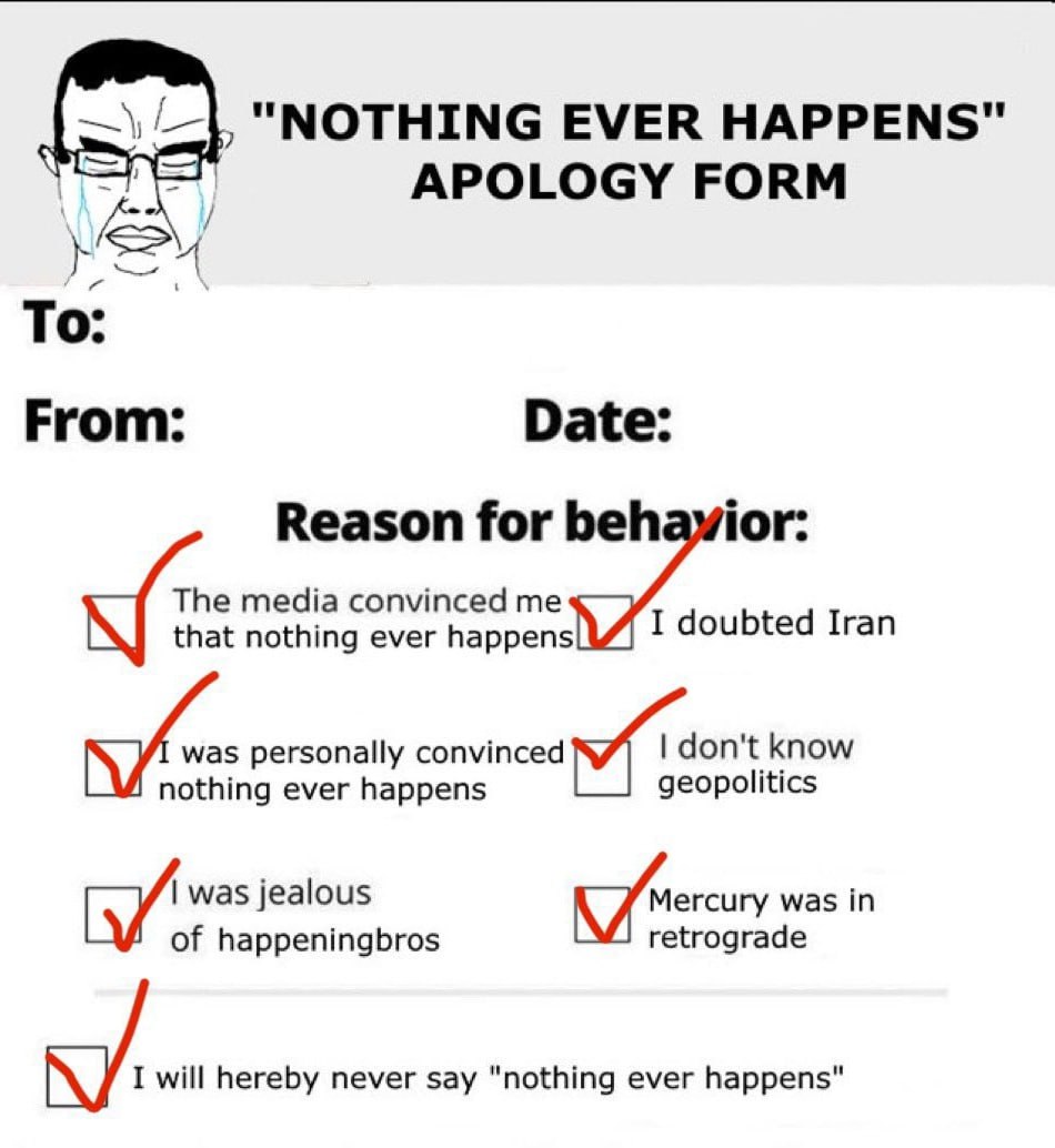 “NOTHING EVER HAPPENS" APOLOGY FORM To From Date: Reason for beh ior: The media convinced me I doubted Iran that nothing ever happens was personally convinced don't know nothing ever happens geopoliti