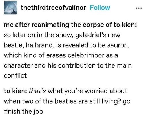 thethirdtreeofvalinor Follow me after reanimating the corpse of tolkien: so later on in the show, galadriel’s new bestie, halbrand, is revealed to be sauron, which kind of erases celebrimbor as a char