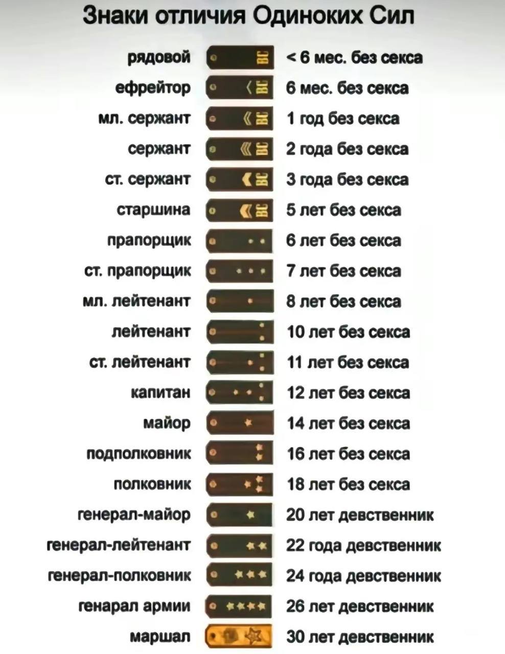 Знаки отличия Одиноких Сил рядовой 6 мес. без секса ефрейтор 6 мес. без секса сержант 1 год без секса сержант 2 года без секса сержант 3 года без секса старшина 5 лет без секса прапорщик 6 лет без сек