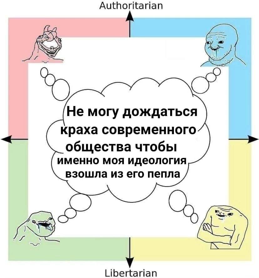 Authoritarian Не могу дождаться краха современного общества чтобы именно моя идеология взошла из его пепла Libertarian