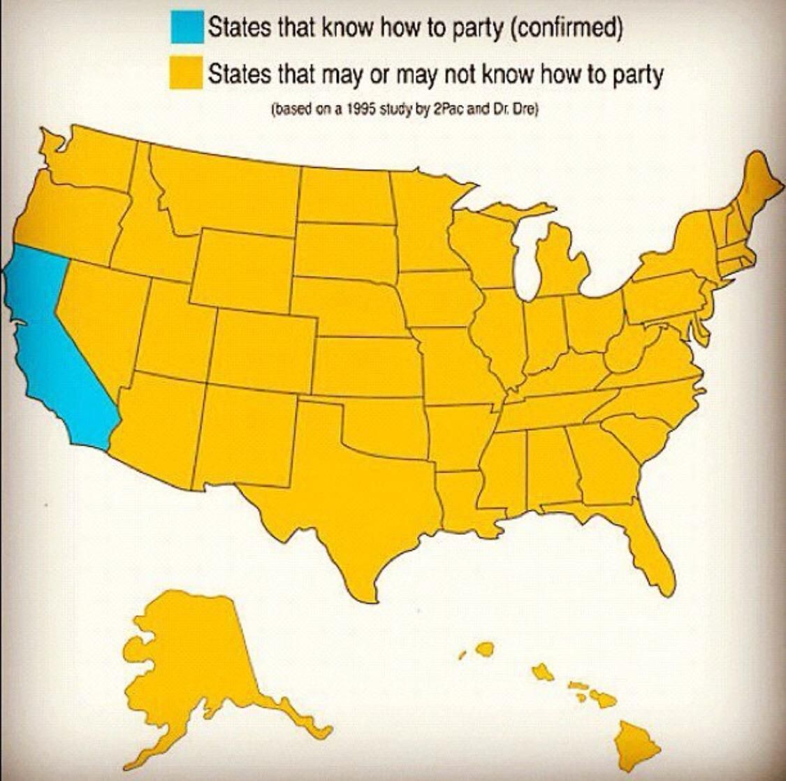 that know how to party (confirmed) States that may or may not know how to party (based on a 1995 study 2Рас and Dre}