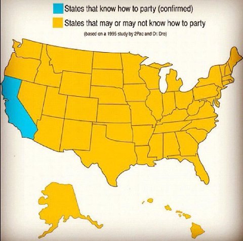 that know how to party (confirmed) States that may or may not know how to party (based on a 1995 study 2Рас and Dre}