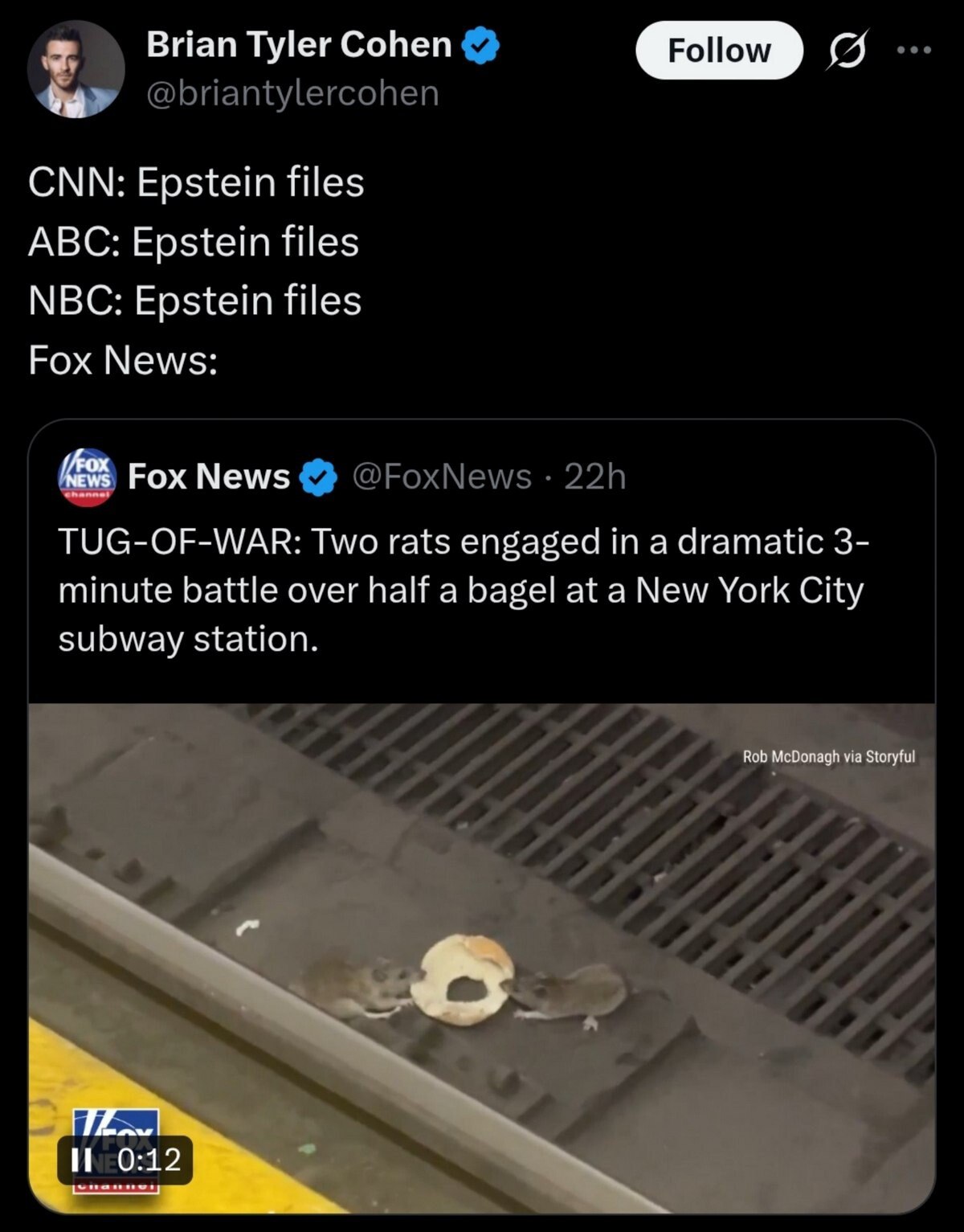Brian Tyler Cohen о CNN: Epstein files ABC: Epstein files NBC: Epstein files Fox News: Fox News TUG-OF-WAR: Two rats engaged in a dramatic 3- minute battle over half a bagel at a New York City subway 