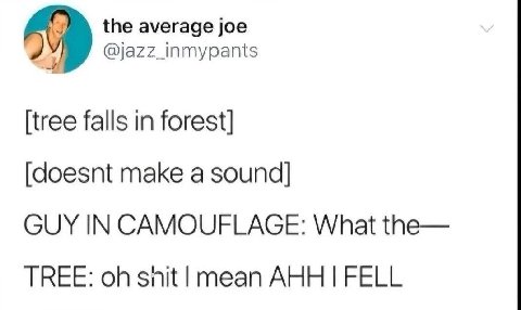 average joe @jazz_inmypants [tree falls in forest] [doesnt make a sound] GUY IN CAMOUFLAGE: What the— TREE: snit mean AHH FELL