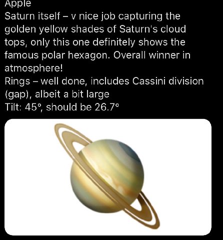 Saturn itself у nice job capturing the golden yellow shades of Saturn's cloud tops, only this one definitely shows the famous polar hexagon. Overall winner in atmosphere! Rings well done, includes Cas