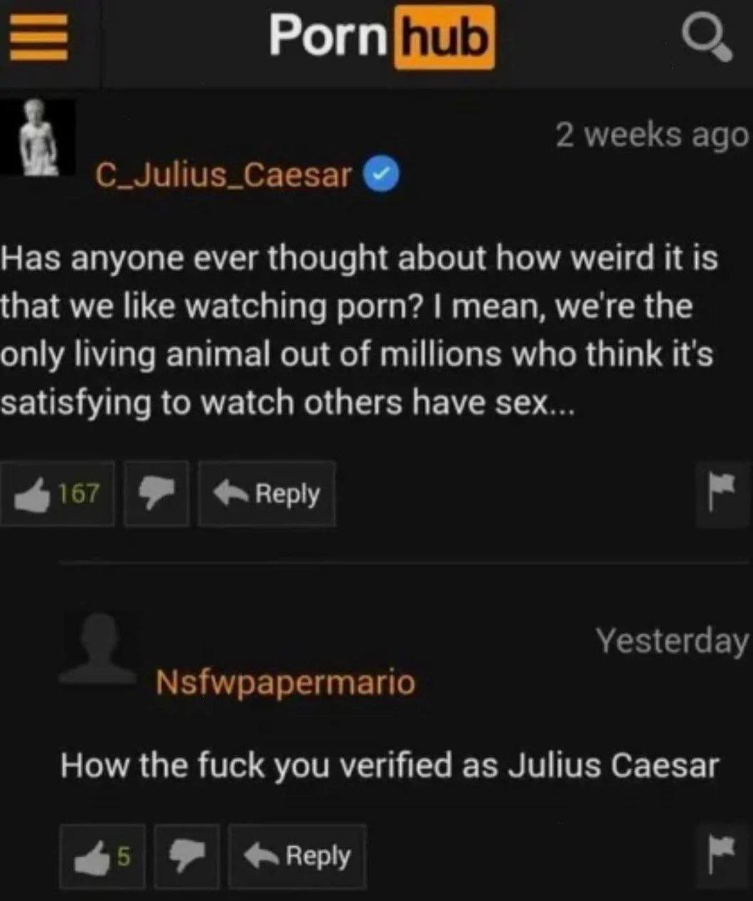 2 мееК$ адо C_Julius_Caesar Has anyone ever thought about how weird it is that we like watching porn? mean, we're the only living animal out of millions who think it's satisfying to watch others have 