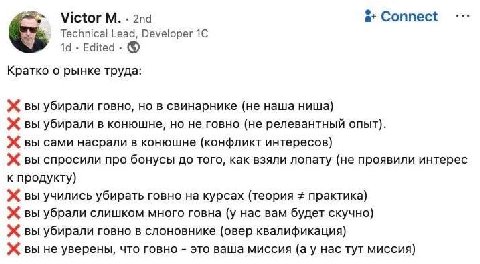 Victor а: Connect Technical Lead, Developer 14 Edited Кратко о рынке труда: вы убирали говно, но в свинарнике (не наша ниша) вы убирали в конюшне, но не говно (не релевантный опыт). вы сами насрали в 