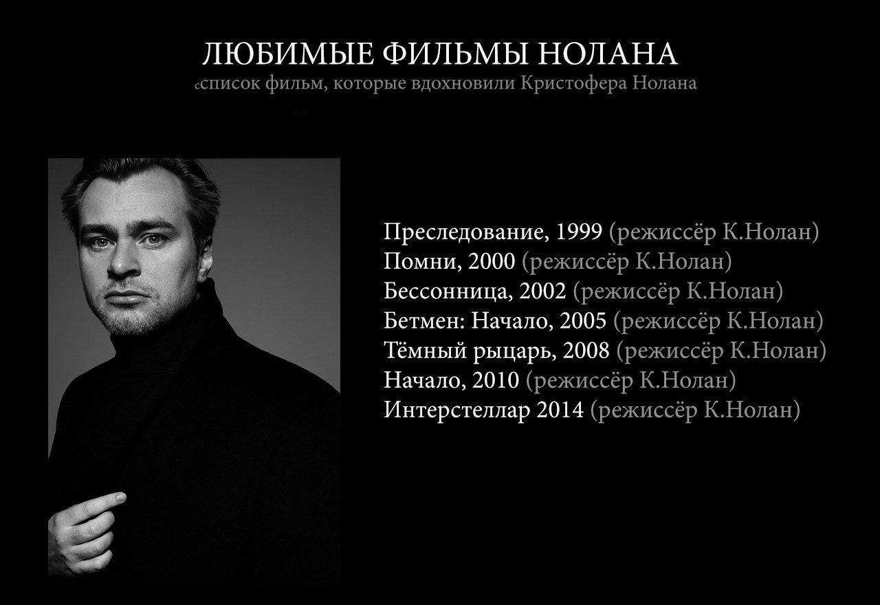 ЛЮБИМЫЕ ФИЛЬМЫ НОЛАНА ‹список фильм, которые вдохновили Кристофера Нолана Преследование, 1999 (режиссёр К.Нолан) Помни, 2000 (режиссёр К.Нолан) Бессонница, 2002 (режиссёр К.Нолан) Бетмен: Начало, 2005