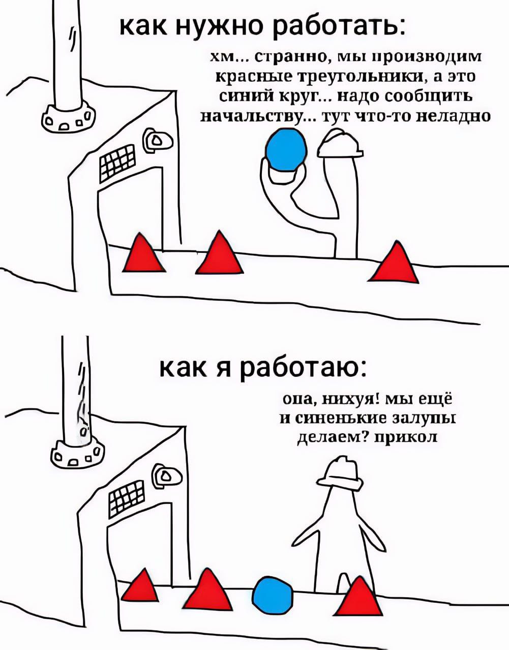 как нужно работать: странно, мы производим красные треугольники, а это синий круг... надо сообщить начальству... тут что-то неладно как я работаю: опа, нихуя! мы ещё и синенькие залупьг делаем? прикол