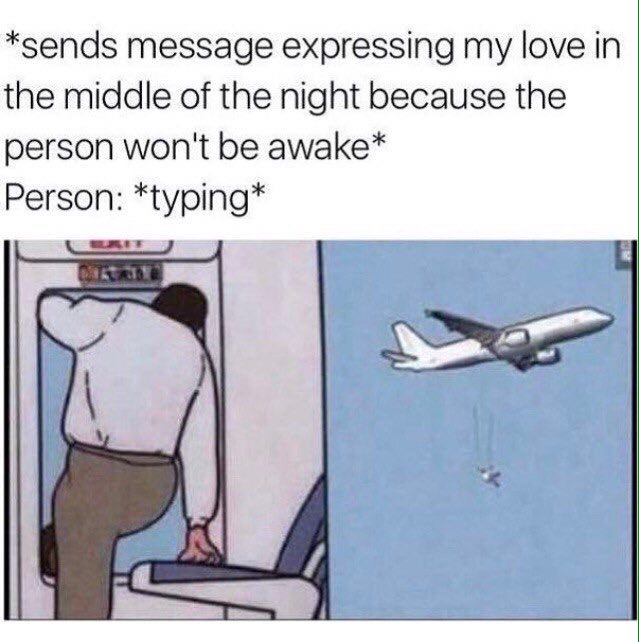 *sends message expressing my love the middle of the night because the person won't be awake* Person: *typing*