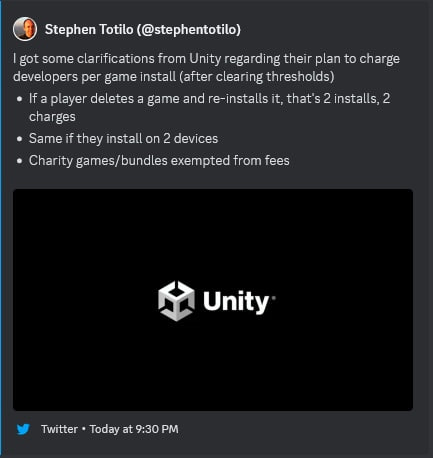 Stephen (@stephentotilo) got some clarifications from Unity regarding their plan to cnarge developers рег game (after clearing tnresnoids) deletes a game and re-instalis that’s 2 2 charges Same they i