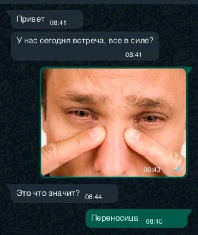 Привет 08:41 У нас сегодня встреча. все в силе? 08:41 4 08:43 Это что значит? 08:44 Переносица