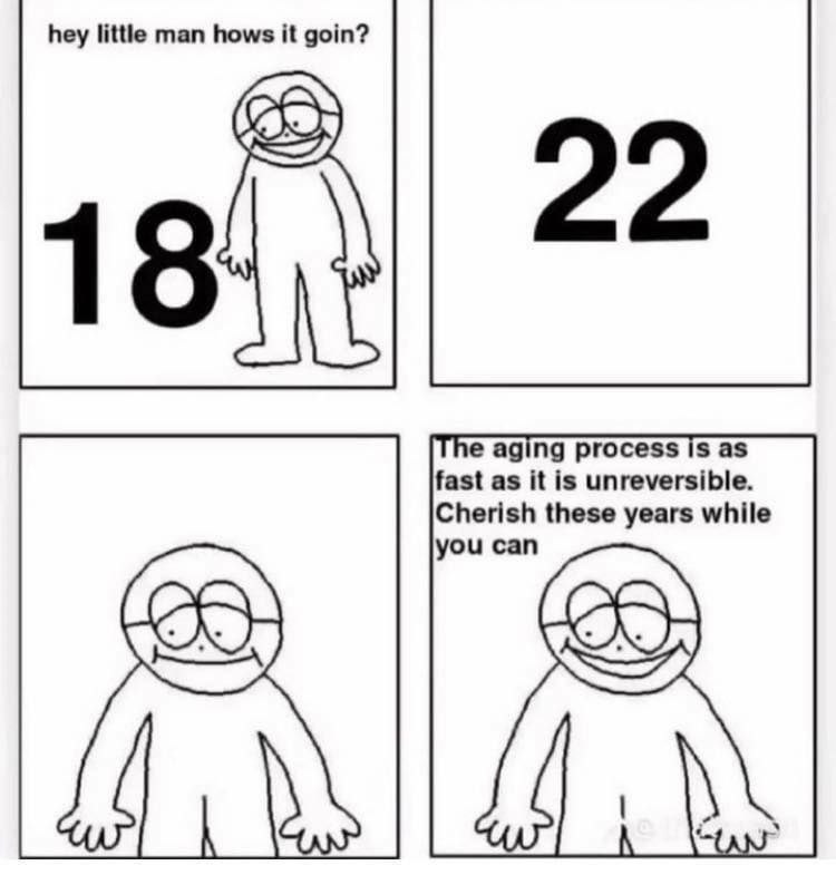 hey little man hows it goin? 22 fast as it is unreversible. aging process 1$ as Cherish these years while you can