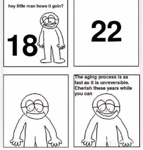 hey little man hows it goin? 22 fast as it is unreversible. aging process 1$ as Cherish these years while you can