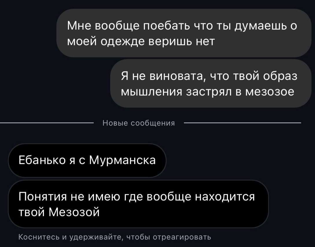 Мне вообще поебать что ты думаешь о моей одежде веришь нет Я не виновата, что твой образ мышления застрял в мезозое Новые сообщения Ебанько я с Мурманска Понятия не имею где вообще находится твой Мезо