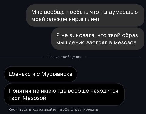 Мне вообще поебать что ты думаешь о моей одежде веришь нет Я не виновата, что твой образ мышления застрял в мезозое Новые сообщения Ебанько я с Мурманска Понятия не имею где вообще находится твой Мезо