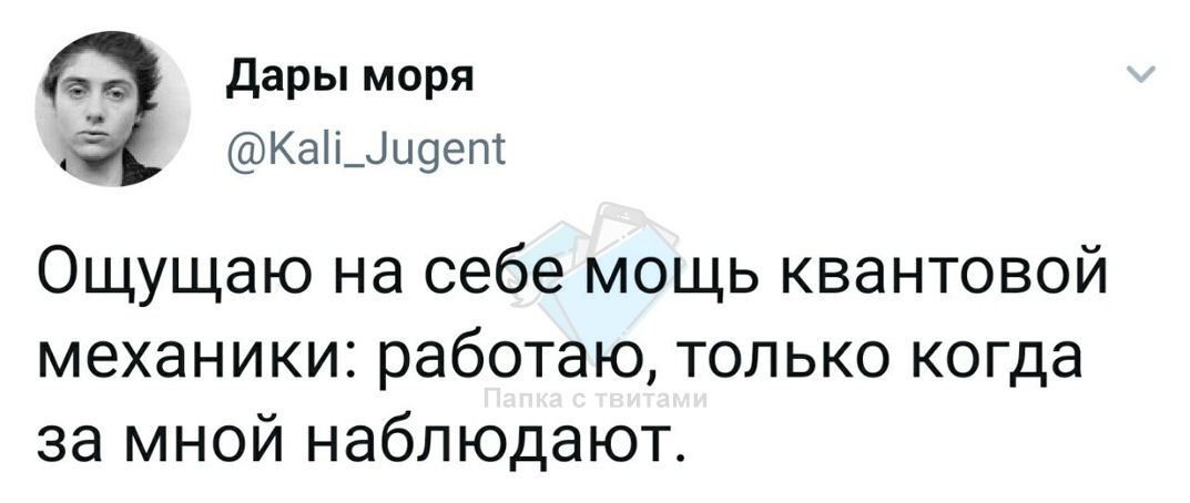 Дары моря Ощущаю на себе мощь квантовой механики: работаю, только когда за мной наблюдают.
