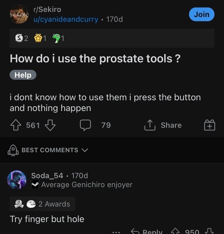 r/Sekiro u/cyanideandcurry 92 9! How the prostate tools i dont know how to use them i press the button and nothing happen 561 (2 79 Share {5} BEST COMMENTS Soda_54 Average Genichiro enjoyer 2 Awards T