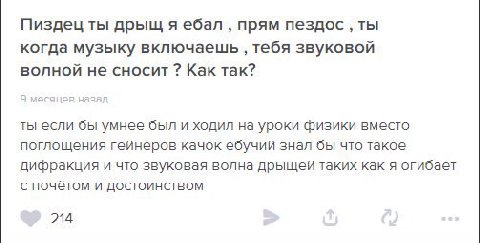 Пиздец ты дрыщ я ебал прям пездос ты когда музыку включаешь тебя звуковой волной не сносит Как так? азА ты если бы умнее был и ходил на уроки физики вместо поглощения гейнеров качок ебучий знал бы что
