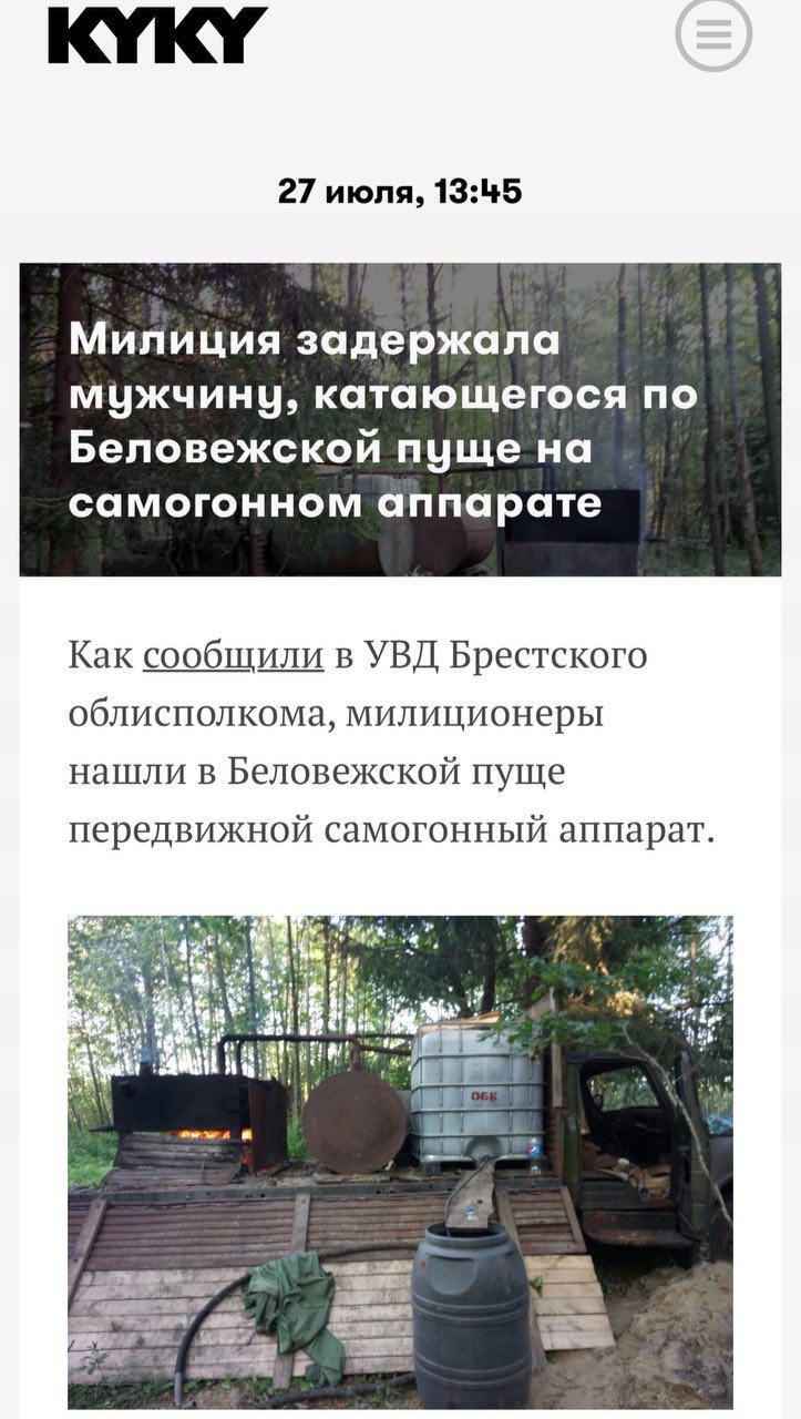 27 июля, 13:45 Милиция задержала мужчину, катающегося по Беловежской пуще на самогонном аппарате Как сообщили в УВД Брестского облисполкома, милиционеры нашли в Беловежской пуще передвижной самогонный