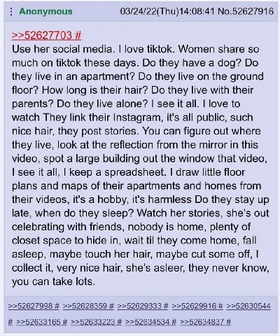 Anonymous 03/24/22(Thu)14:08:41 No.52627916 >>52627703 Use her social media. love tiktok. Women share so much on tiktok these days. they have a dog? they live in an apartment? they live on the ground 