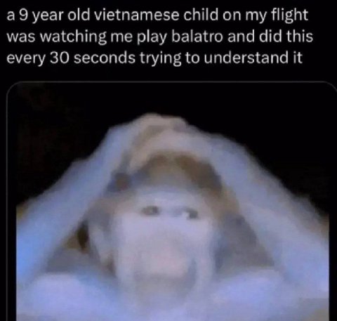 а9 year old vietnamese child on my flight was watching me play balatro and did this every 30 seconds trying to understand it