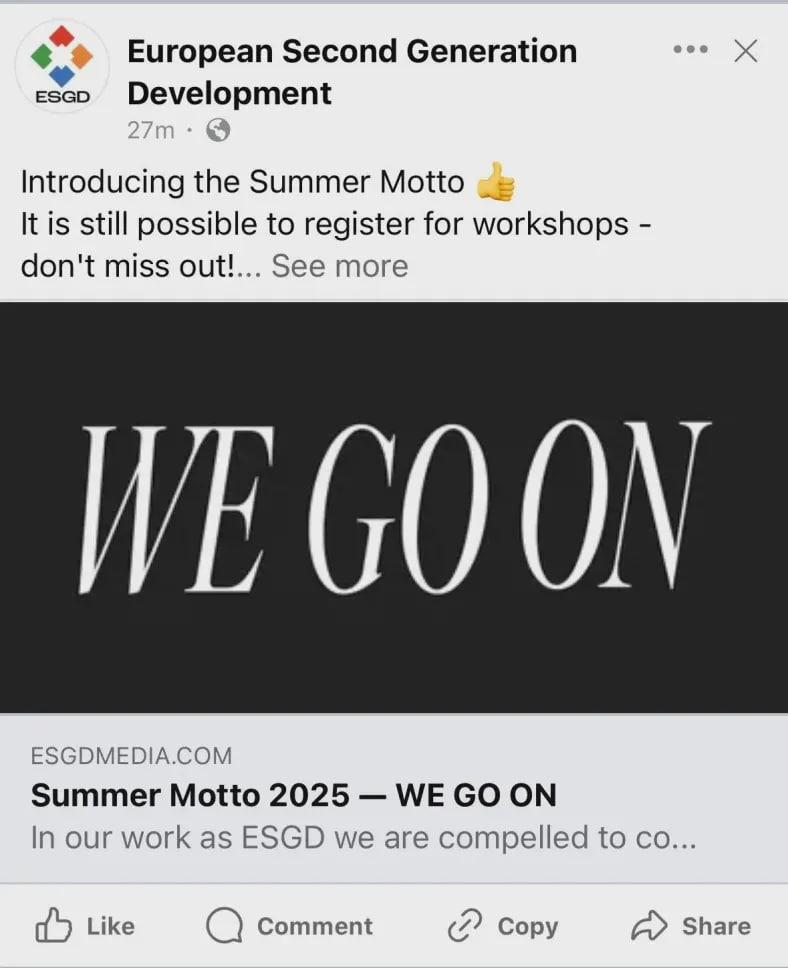 European Second Generation Езсь Development Introducing the Summer Motto It is still possible to register for workshops don't miss out!... See more ESGDMEDIA.COM Summer Motto 2025 WE ON In our work as