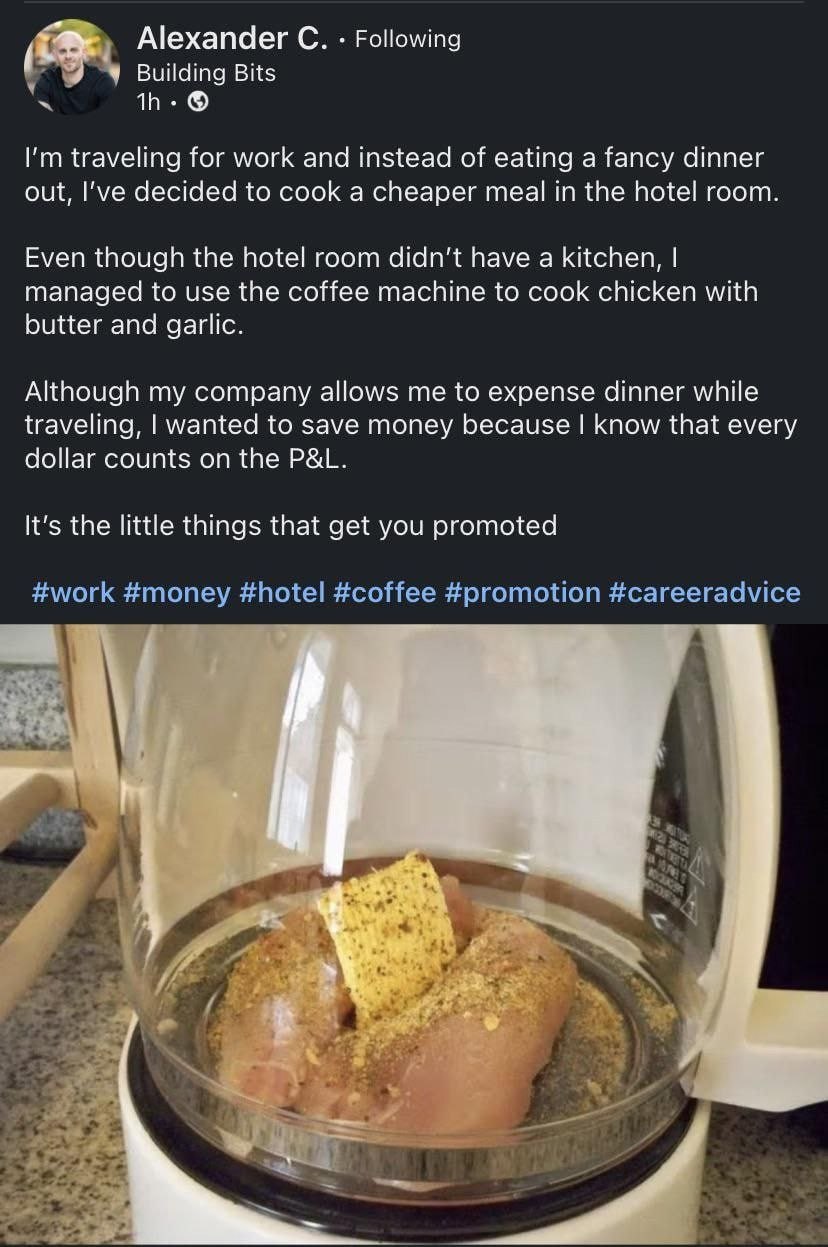Alexander С. Following Building Bits 11. traveling for work and instead of eating a fancy dinner out, I've decided to cook a cheaper meal in the hotel room. Even though the hotel room didn’t have a ki