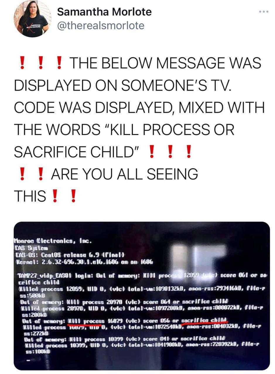 Samantha Morlote @therealsmorlote 1 1 THE BELOW MESSAGE WAS DISPLAYED ON SOMEONE'S CODE WAS DISPLAYED, MIXED WITH THE WORDS “KILL PROCESS OR SACRIFICE CHILD" 1 1 ARE YOU ALL SEEING THIS 1 a Marna: on 