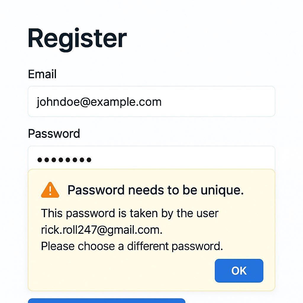 Register Email johndoe@example.com Password А Password needs to be unique This password is taken the user rick.roll247@gmail.com. Please choose a different password.