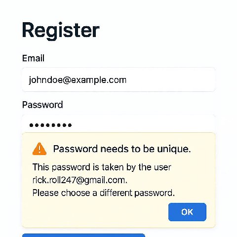Register Email johndoe@example.com Password А Password needs to be unique This password is taken the user rick.roll247@gmail.com. Please choose a different password.