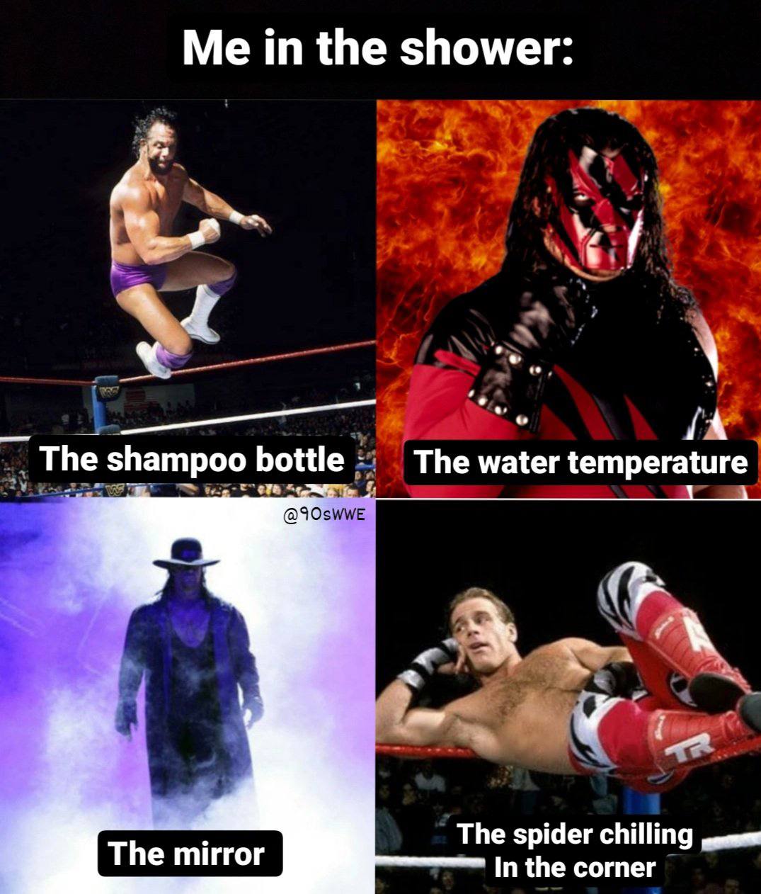 in the shower: The shampoo bottle The water temperature The spider chilling The mirror In the corner
