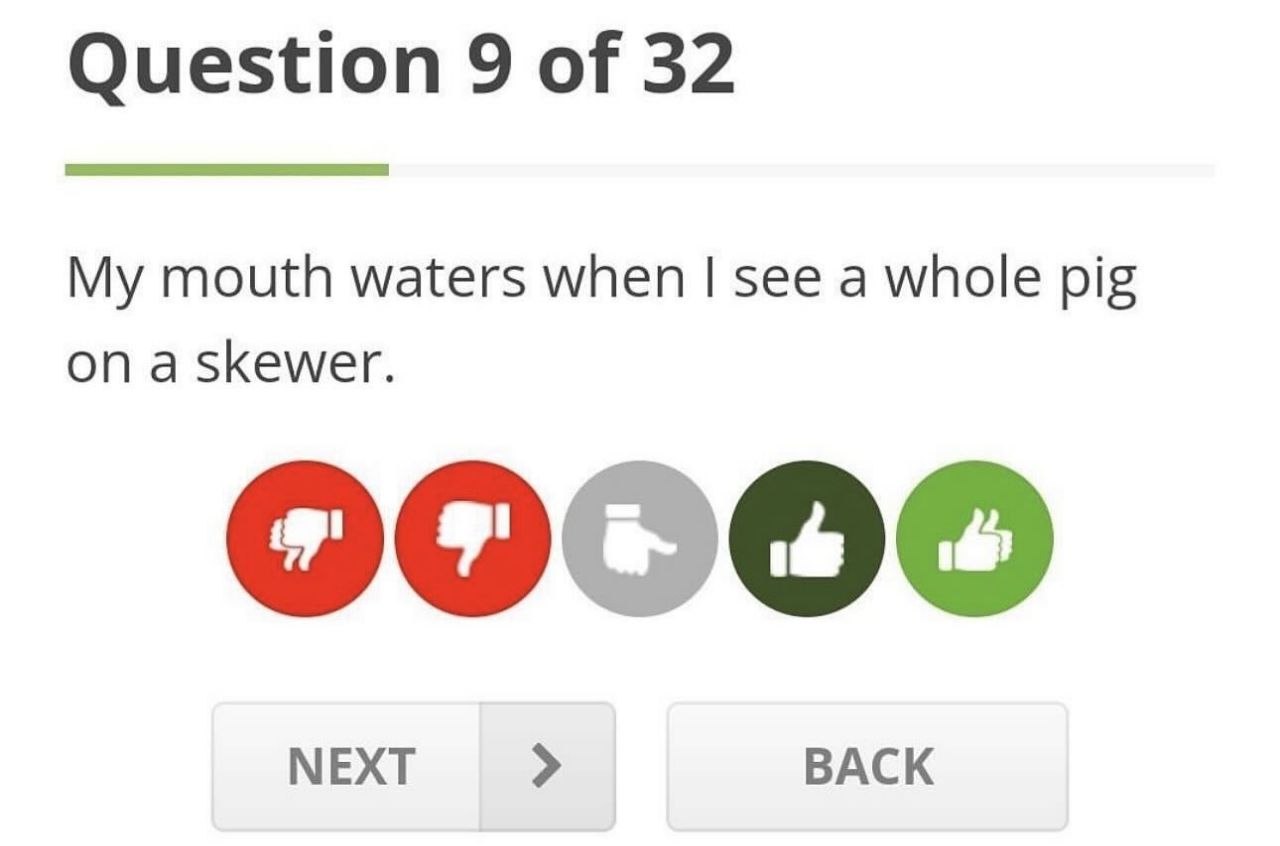 Question 9 of 32 My mouth waters when see a whole pig опа NEXT BACK