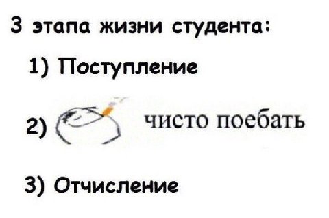 3 этапа жизни студента: 1) Поступление 2) чисто поебать 3) Отчисление