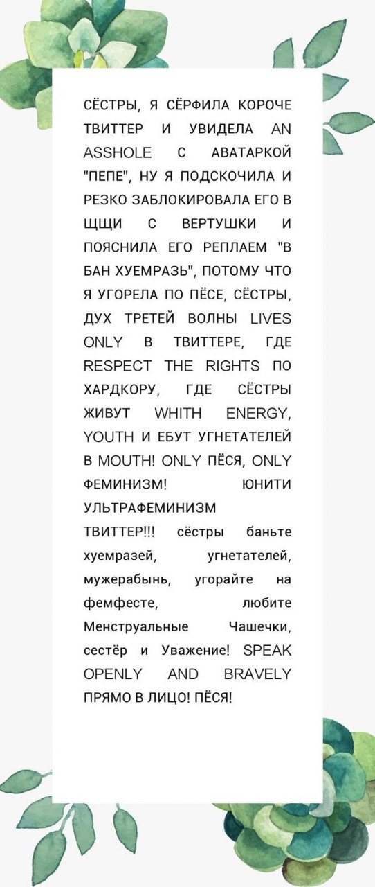 СЁСТРЫ, Я СЁРФИЛА КОРОЧЕ ТВИТТЕР И УВИДЕЛА ASSHOLE С АВАТАРКОЙ "ПЕПЕ", НУ Я ПОДСКОЧИЛА И РЕЗКО ЗАБЛОКИРОВАЛА ЕГО В С ВЕРТУШКИ и щщи ПОЯСНИЛА ЕГО РЕПЛАЕМ "В БАН ХУЕМРАЗЬ", ПОТОМУ ЧТО Я УГОРЕЛА ПО ПЁСЕ,