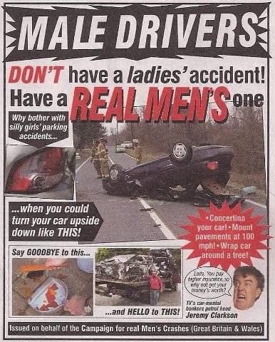 MALE DRIVERS DON’T have a ladies’ accident! Науеа Why bother with silly girls’ parking you could Concertina your саг upside. your down like THIS! pavements at 100 три! саг Say to this.. around a tree!