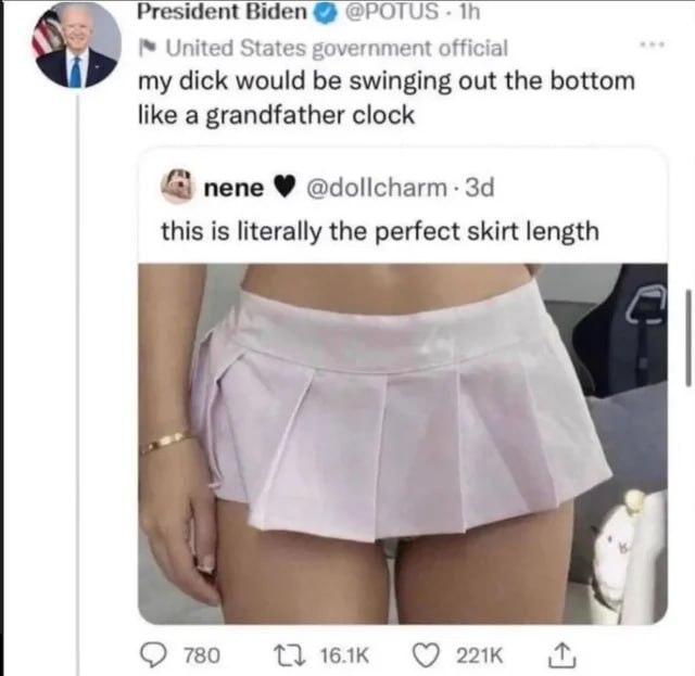 President Biden @POTUS United States government official my dick would be swinging out the bottom like a grandfather clock пепе @dollcharm- this is literally the perfect skirt length 70
