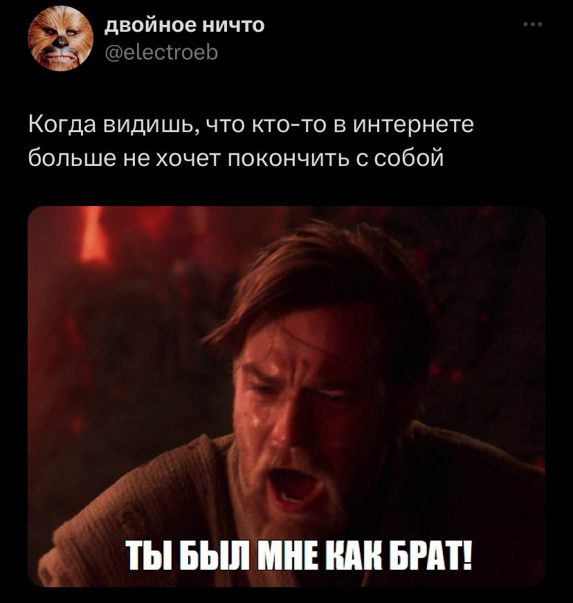 двойное ничто @electroeb Когда видишь, что кто-то в интернете больше не хочет покончить с собой 4 ТЫ БЫЛ МНЕ КАК БРАТ!