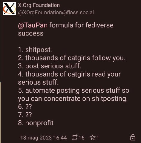 X.Org Foundation @TauPan formula for fediverse success 1. shitpost. 2. thousands of catgirls follow you. 3. post serious stuff. 4. thousands of catgirls read your serious stuff. 5. automate posting se