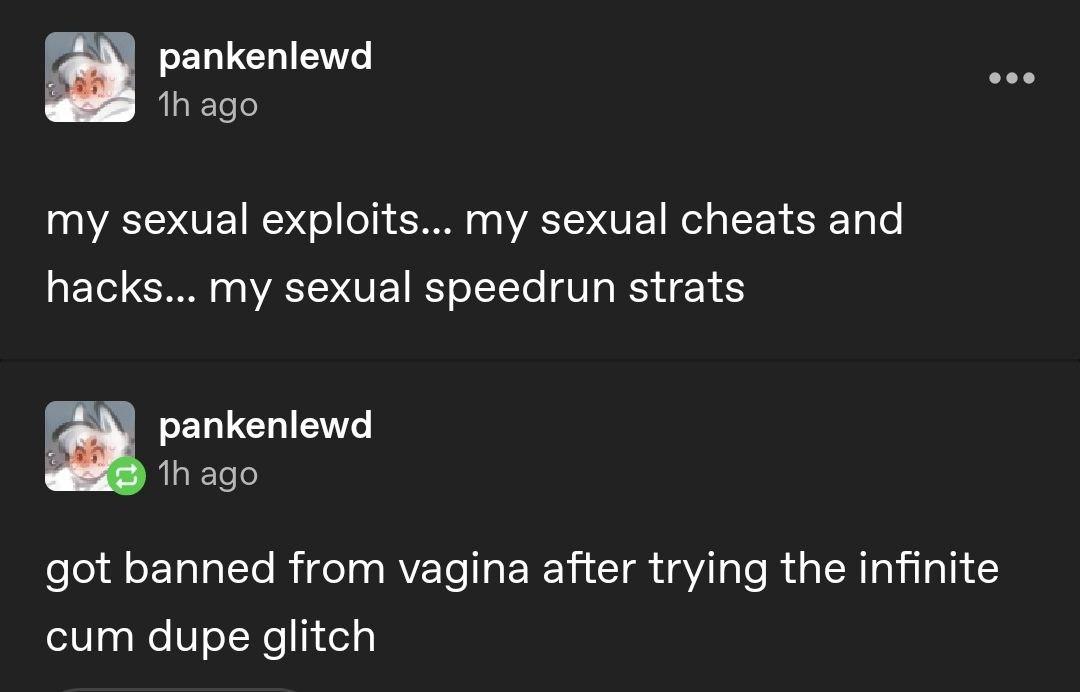 pankenlewd my sexual exploits... my sexual cheats and hacks... my sexual speedrun strats pankenlewd ihe got banned from vagina after trying the infinite сит dupe glitch