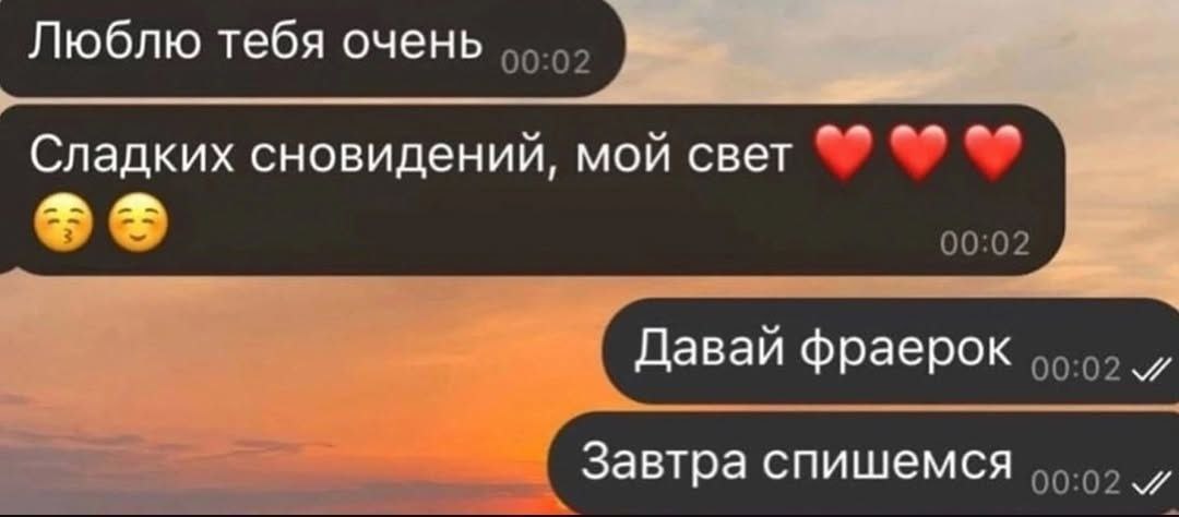 Люблю тебя очень Сладких сновидений, мой свет Давай фраерок Завтра спишемся