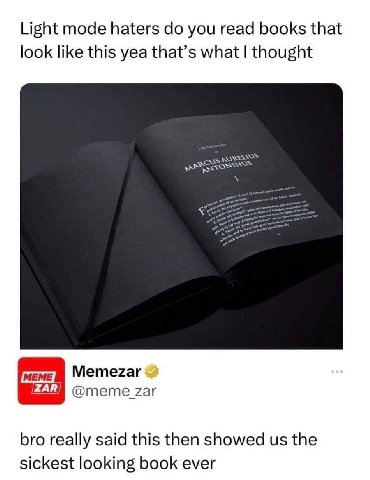 Light mode haters you read books that look like this yea that’s what thought Memezar @meme zar bro really said this then showed the sickest looking book ever