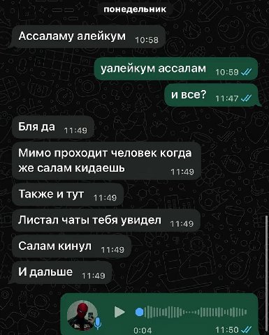понедельник Ассаламу алейкум уалейкум ассалам ивсе? Бля да Мимо проходит человек когда же салам кидаешь Также и тут Листал чаты тебя увидел Салам кинул И дальше